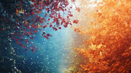 A vibrant display of autumn foliage with warm orange and cool blue hues, creating a serene atmosphere where nature meets tranquility.