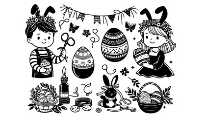 Happy Easter vector – children painting eggs with festive elements