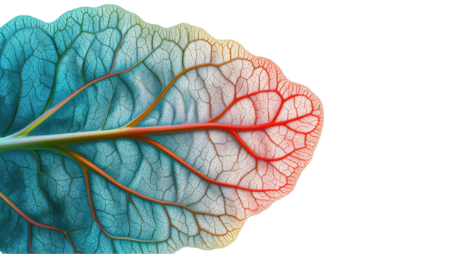 A colorful leaf showcasing intricate vein patterns in vibrant hues. transparent background - Powered by Adobe
