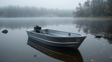 A fishing boat rests on a calm lake shrouded in morning fog, surrounded by trees displaying hints of autumn colors as the water reflects the serene atmosphere.