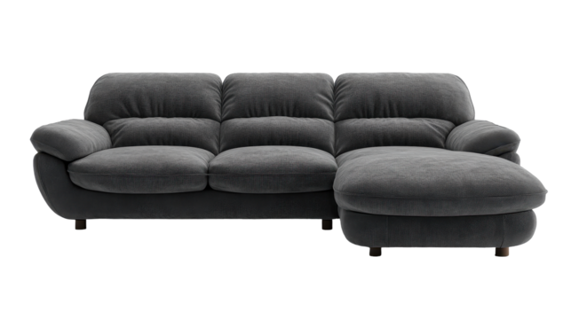 A modern gray sectional sofa providing comfort and style for any living space. transparent background