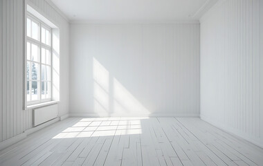 3D-rendered a white empty room with a winter landscape visible through window