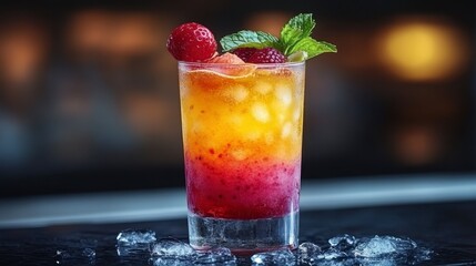 Raspberry & orange cocktail, bar setting, ice, drinks menu