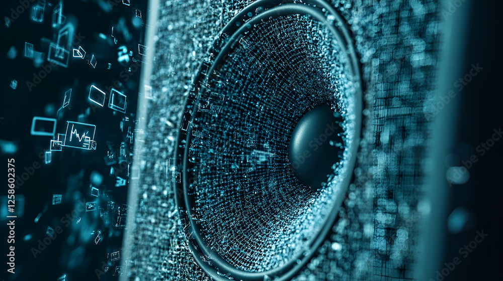Poster abstract speaker data flow: a mesmerizing close-up of a speaker cone, textured with a futuristic dat