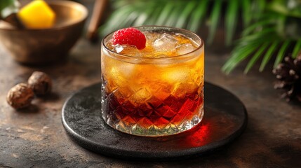 Raspberry cocktail on dark wood, tropical background