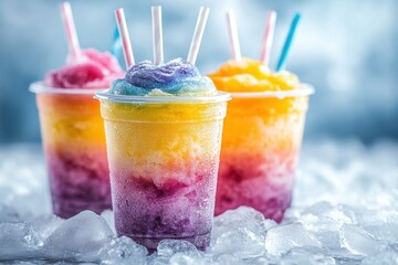 A vibrant display of colorful fruit smoothies, each brimming with flavor and topped with fresh berries, creates a tantalizing visual symphony of summery goodness