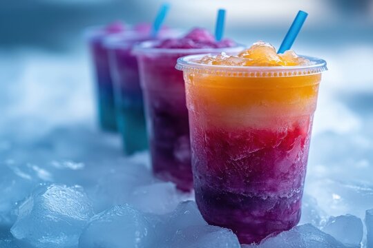 A vibrant display of colorful fruit smoothies, each brimming with flavor and topped with fresh berries, creates a tantalizing visual symphony of summery goodness