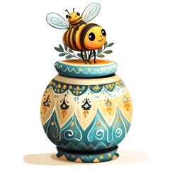 Cute bee on honey jar, whimsical illustration, sweet design, for kids, prints, cards, etc.