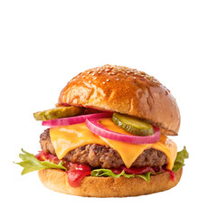 Classic cheese burger with beef cutlet vegetables and onions isolated on a white background