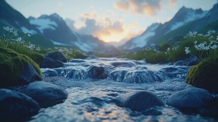 Obraz premium Mountain stream sunset wildflowers