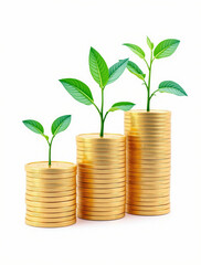 Golden Coin Towers with Plants Representing Financial Success and Growth Concept