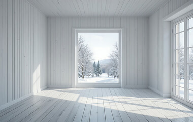 Obraz premium 3D-rendered a white empty room with a winter landscape visible through window