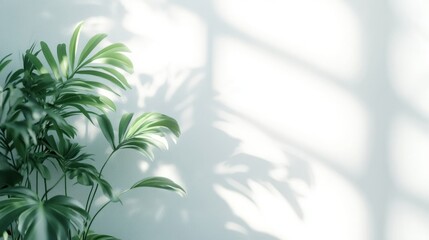 Obraz premium A vibrant green plant casts intricate shadows against a light wall, creating a serene atmosphere and highlighting the beauty of nature indoors.
