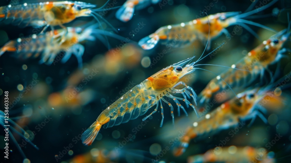 Poster numerous transparent shrimp move gracefully through clear water, surrounded by bubbles and particles