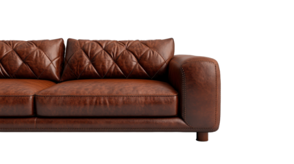Stylish brown leather sofa with rich texture and elegant design for contemporary spaces. transparent background