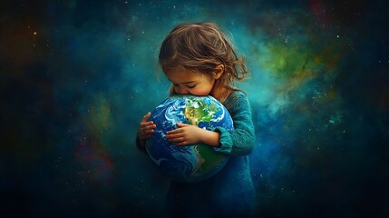 Fototapeta premium A young child embraces a globe, symbolizing innocence and care for the planet. The vibrant colors and cosmic background evoke a sense of wonder and responsibility for Earth.