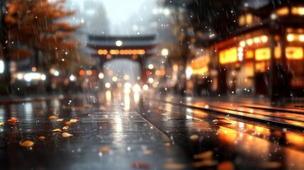 Obraz premium Rainy night in the city. Warm lights reflecting on wet pavement. Autumn leaves scattered on the ground.