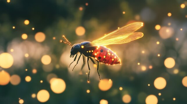 A vibrant insect with colorful wings and glowing effects, hovering in a dreamy environment filled with soft, warm light and magical bokeh.