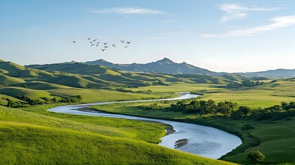 Fototapeta premium Serene River Winding Through Green Hills