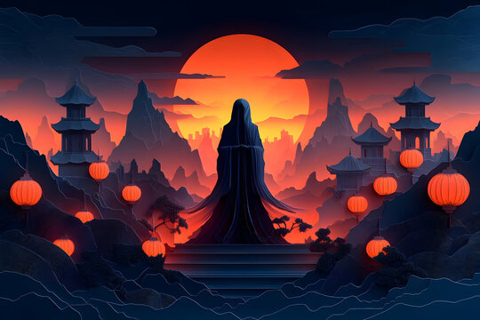 Dark figure in robe, Asian inspired landscape, dramatic sunset, digital art, background, possible use as a wallpaper or poster