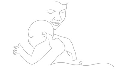 Baby and mom in line art style. mother and baby stylized vector symbol, mom hugs her child logo template