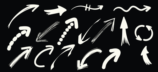 Arrows and pointers for doodles and sketches. Vector charcoal, pencil or pen hand drawn element icon for checklists and pointing, showing emphasis. Swirly shapes and lines to right side