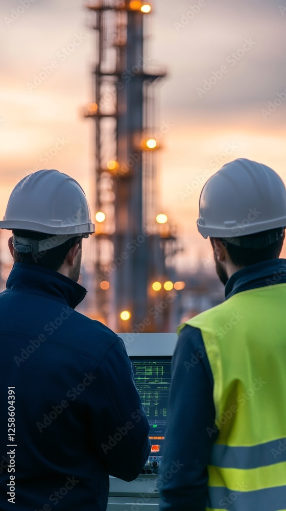 Aufkleber Two engineers wearing safety helmets are monitoring operations at an oil rig, using a computer console at dusk, with the illuminated rig in the background