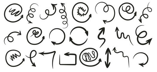 Arrows and pointers for doodles and sketches. Vector charcoal, pencil or pen hand drawn element icon for checklists and pointing, showing emphasis. Swirly shapes and lines to right side