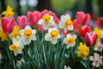 Obraz premium White daffodils with yellow cups and pink tulips blooming in garden, celebrating the beauty of springtime