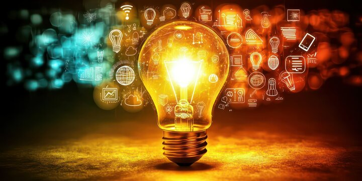 A creative illustration of an illuminated bulb surrounded by bright ideas represented as icons.