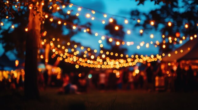 A vibrant outdoor evening scene adorned with twinkling string lights, capturing a lively atmosphere during an event with blurred figures in the background.