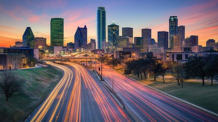 Fototapeta premium Aerial view of a vibrant city skyline featuring a busy highway with several cars traversing the landscape.