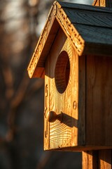 Small Bird Sitting in a Cozy Wooden Birdhouse in a Natural Setting