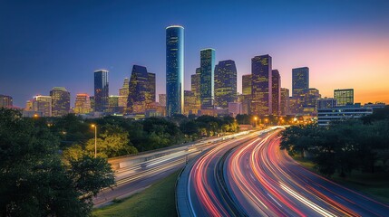 A captivating aerial view showcases a bustling city skyline, featuring a highway illuminated by long exposure light trails, highlighting urban vibrancy.