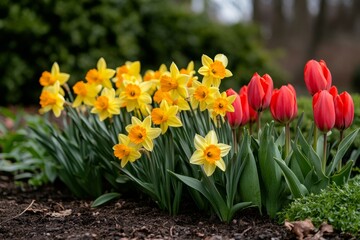 Fototapeta premium Yellow daffodils and red tulips blooming in a flowerbed, creating a vibrant display of spring colors