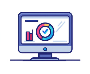 Successful Project Completion: A desktop computer displays a vibrant user interface showcasing a pie chart with a checkmark, signifying a successful project completion and positive data analysis.