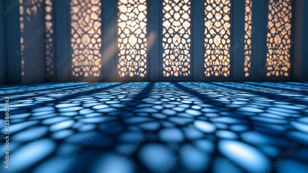 Poster Delicate patterns emerge as light filters through an ornate structure, creating a mesmerizing arabesque shadow play on a tranquil blue floor during golden hour