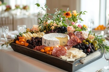 This beautifully arranged charcuterie board showcases artisanal cheeses, cured meats, fresh and dried fruits, nuts, and olives, all under soft natural lighting for an inviting display
