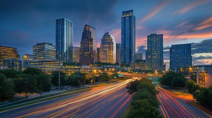 Fototapeta premium Stunning urban skyline featuring a busy highway lined with vehicles, showcasing the vibrant energy of city life at dusk.