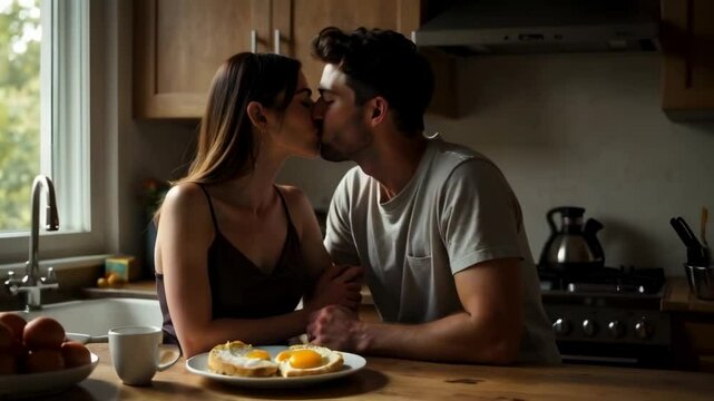 A heartwarming morning moment where a couple shares a kiss in the kitchen, surrounded by heart-shaped toast and eggs. The soft morning light, cozy setting, and intimate connection create a perfect rom