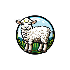 Render a simple, cartoonish lamb with a tiny, golden halo, emphasizing innocence and gentleness.  Background should be plain.