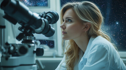 Female astrophysicist observes the cosmos at a high-tech observatory with advanced telescope and stunning cosmic visuals reflecting in her eyes