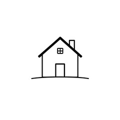 A simple, stylized house icon with a sloped roof, and windows, set against a white background