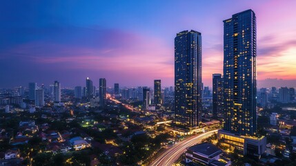 Obraz premium A modern city skyline featuring towering buildings and a busy highway illuminated by twilight, capturing the essence of urban life at dusk.