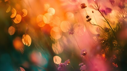 A vibrant, dreamy background of colorful flowers and bokeh lights, creating a soothing and uplifting atmosphere perfect for nature-inspired designs.