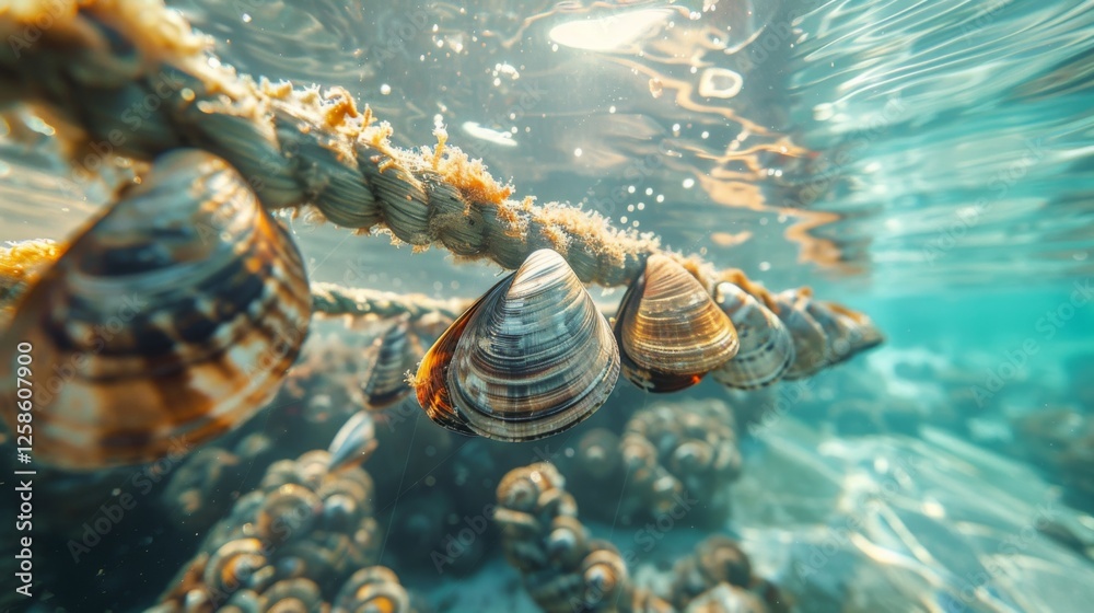 Poster clusters of clams are suspended from ropes in crystal clear water, illuminated by sunlight filtering