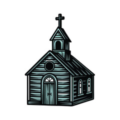 Generate a minimalist black silhouette of a small, simple church building, featuring a prominent cross atop its roofline, against a plain white background.