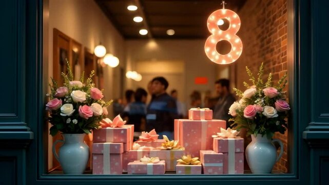 A beautifully decorated shop window showcases vibrant flowers, elegant gift wrapping, and a bold number '8' sign, illuminated by soft lighting. The display exudes a warm, festive charm, perfect for ce
