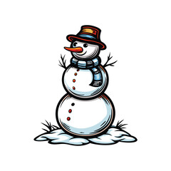 A cheerful snowman, adorned with a colorful scarf, jaunty hat, and bright orange carrot nose, stands in a snowy landscape.