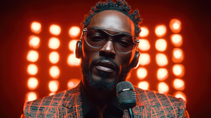 Futuristic esports commentator in high-tech studio analyzing a live match with engaging holographic stats and dynamic team strategies